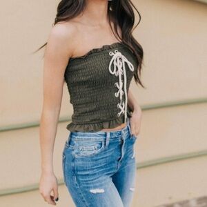 Buckle Willow & Root lace up smocked corset tube top size Large dark olive green